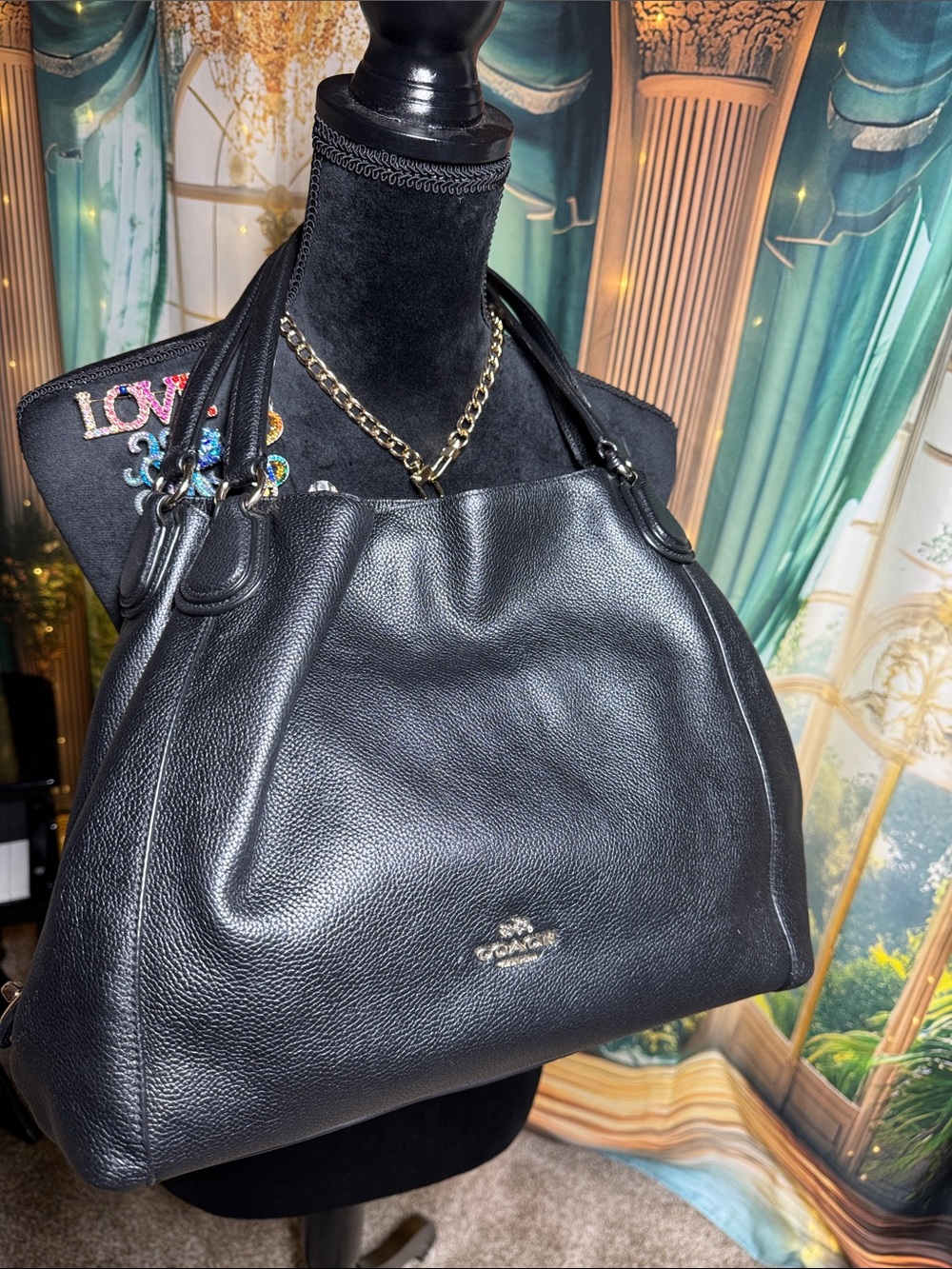 Coach Black Pebbled Leather Shoulder Tote Gold Tone Accents EUC